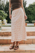 Pink Floral Slip Midi Skirt with Front Bow Detail